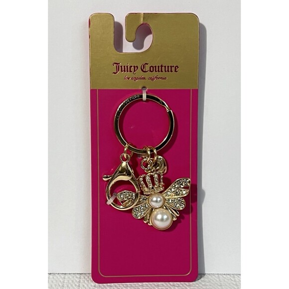 RARE Juicy Couture Queen Bee Pearl Keychain Bag Charm Gold Rhinestone BLING - Picture 7 of 16